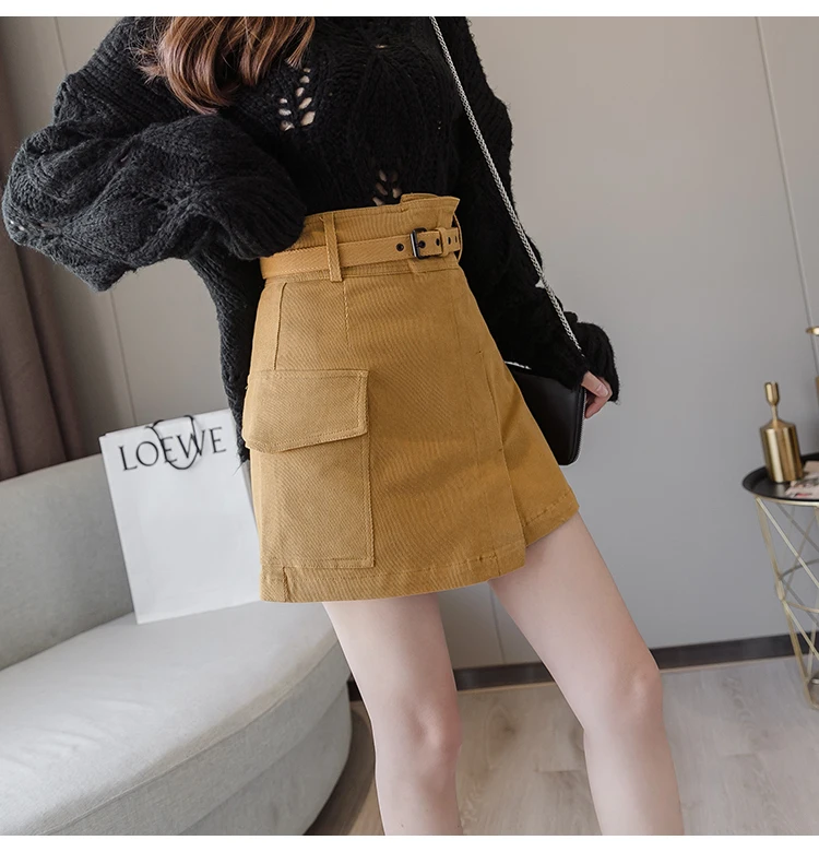Trytree Autumn Women Casual Empire Short Skirt 5 Colour A-line Fashion Elegant Pockets Button Belt Mini Office Lady Short Skirt