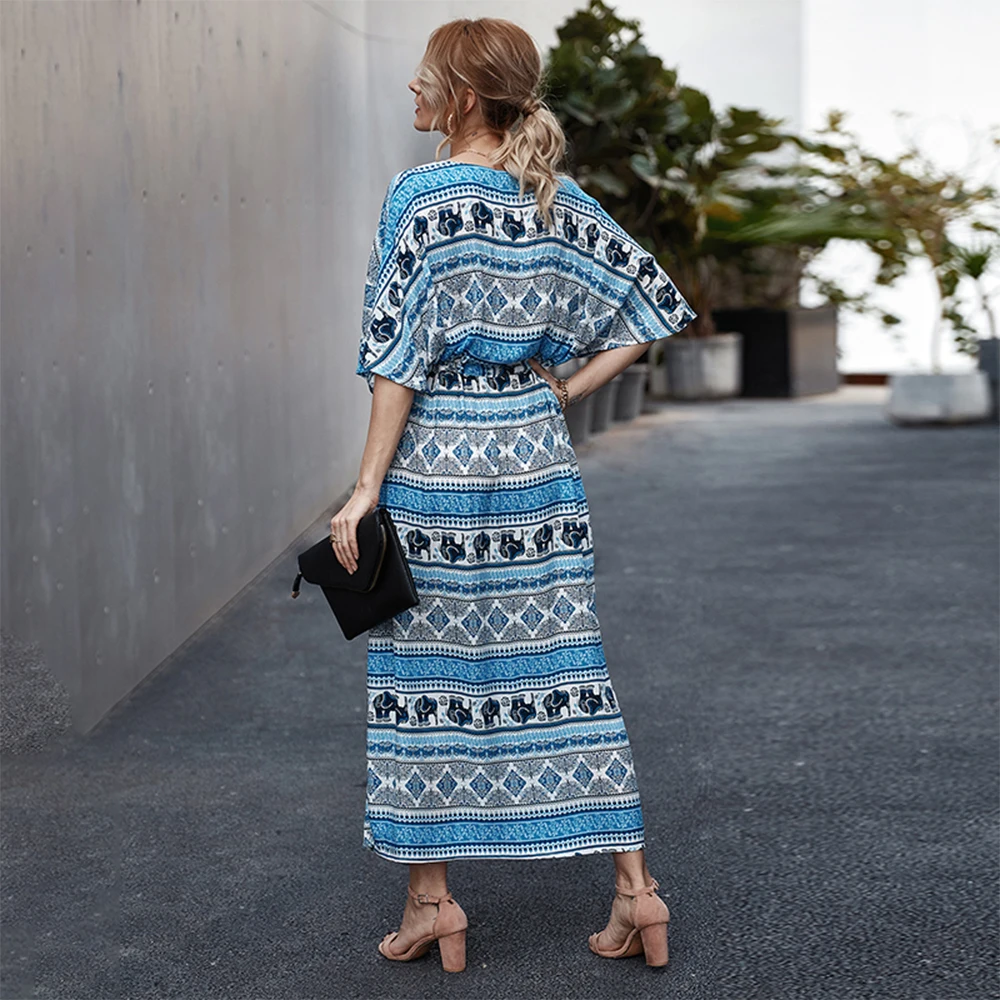 

Women 2021 New A-line Bohemian Print Half Sleeve High Waist Long Dress Fashion Ladies Spring Summer Sexy Deep V Neck Long Dress
