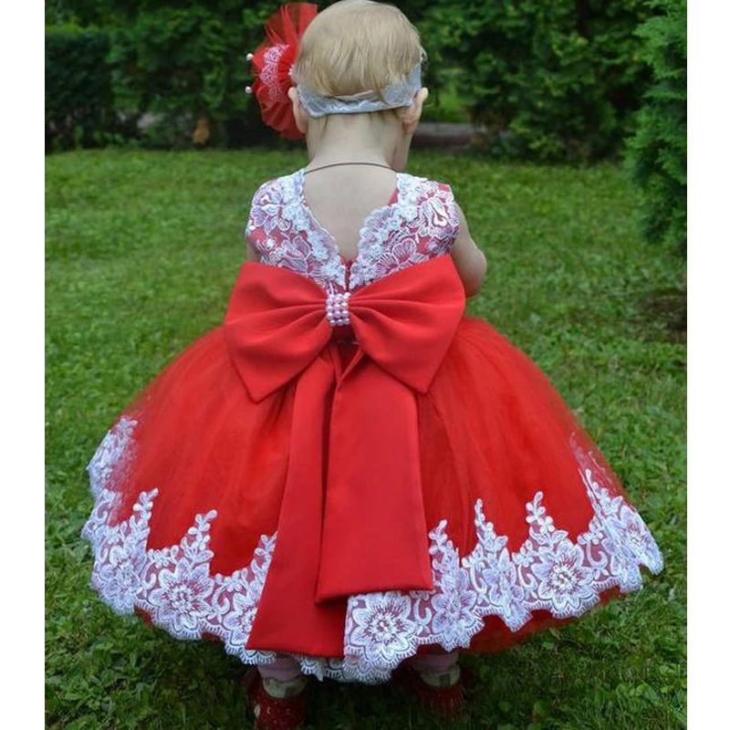 

Big Bow Back Red Ball Gown Princess Flower Girl Dresses Lace Birthday Pageant Communion Robe De Demoiselle Baby Party