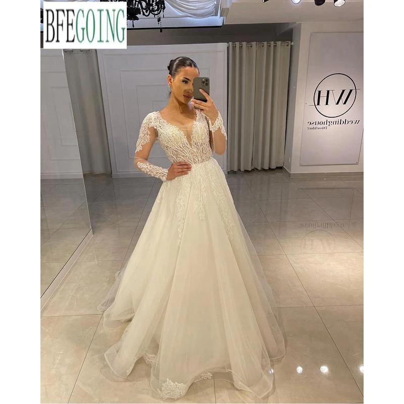 

Ivory Tulle Shiny Lace Beading Long Sleeves A-Line Wedding Dresses Chapel Train Custom Made Floor-Length Bridal Gowns