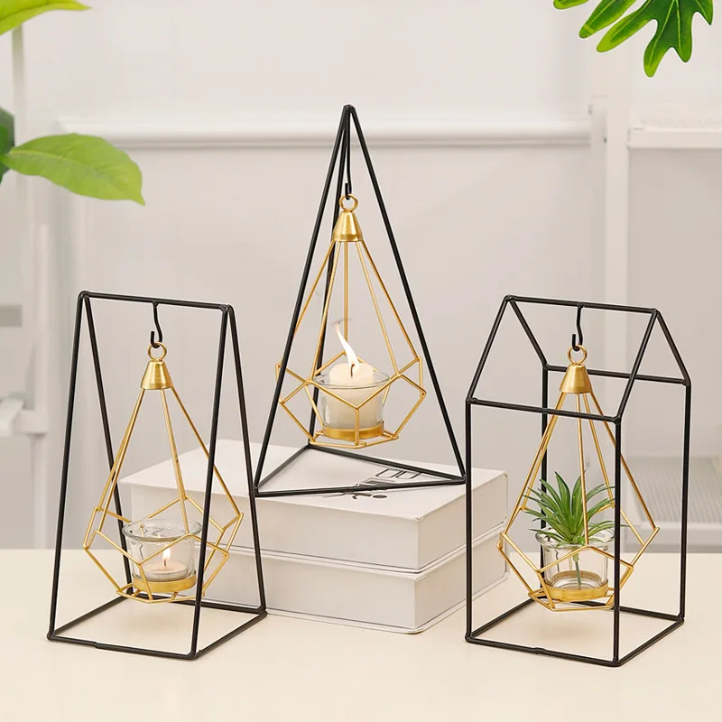 

Gold geometric iron hanging power candlestick Home decoration candlestick ornament metal candlestick