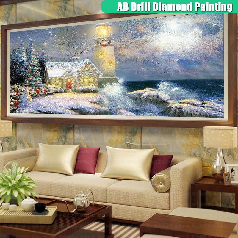 

New AB Diamond Painting Lighthouse Full Square Round Large Size Diamont Embroidery Seaside Scenery Mosaic Winter Snowman Decor
