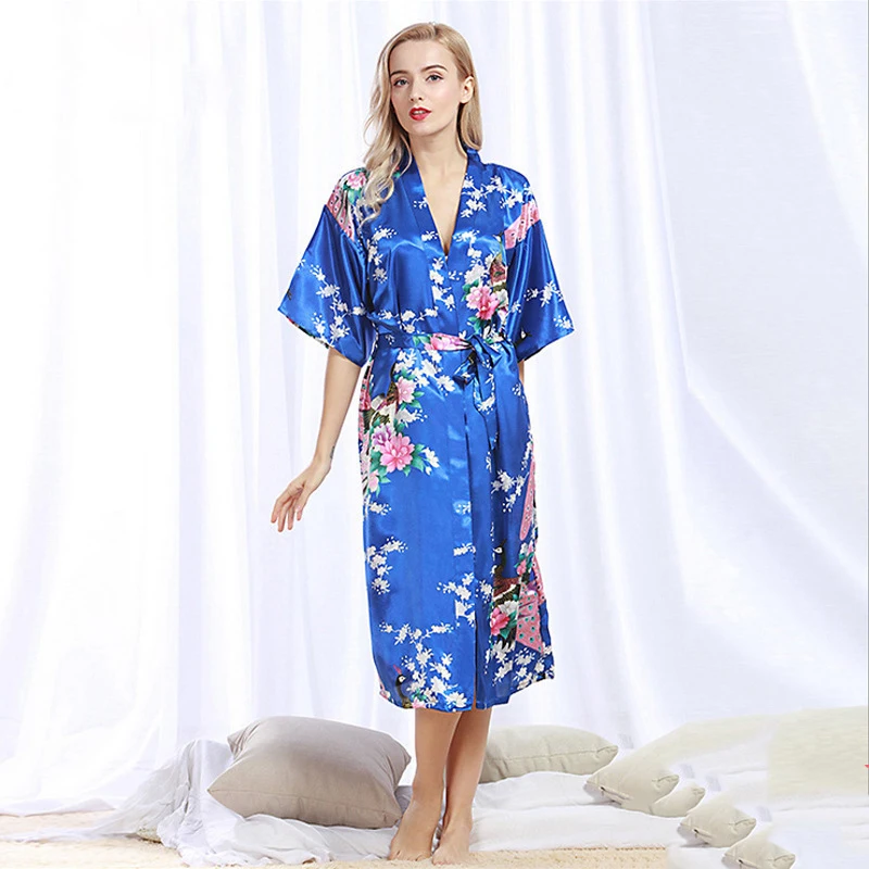 Kimono Japanese Style Women Yukata Peacock Cardigan Floral Print Costume Satin Pajamas Dress Asian Clothes Night Gown Bath Robe - Цвет: Color 3
