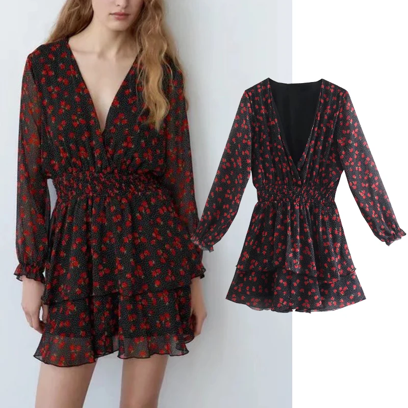 

Женское мини-платье с цветочным принтом, V-образным вырезом и длинным рукавом