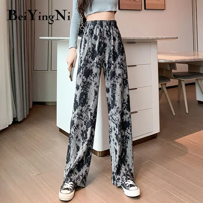 

Beiyingni Women Wide Leg Pants Streetwear Vintage Classic 2021 Casual Harajuku Printed Long Pants Summer Trouser Female Tie Dye