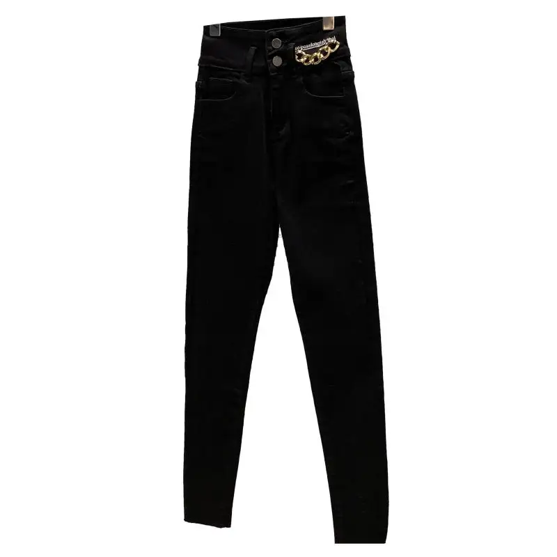 

2021 Spring New Metal Chain Letter Embroidery Stretch Slim Elastic Pencil Pants Jeans Skinny Black Demin Jeans Woman Pants