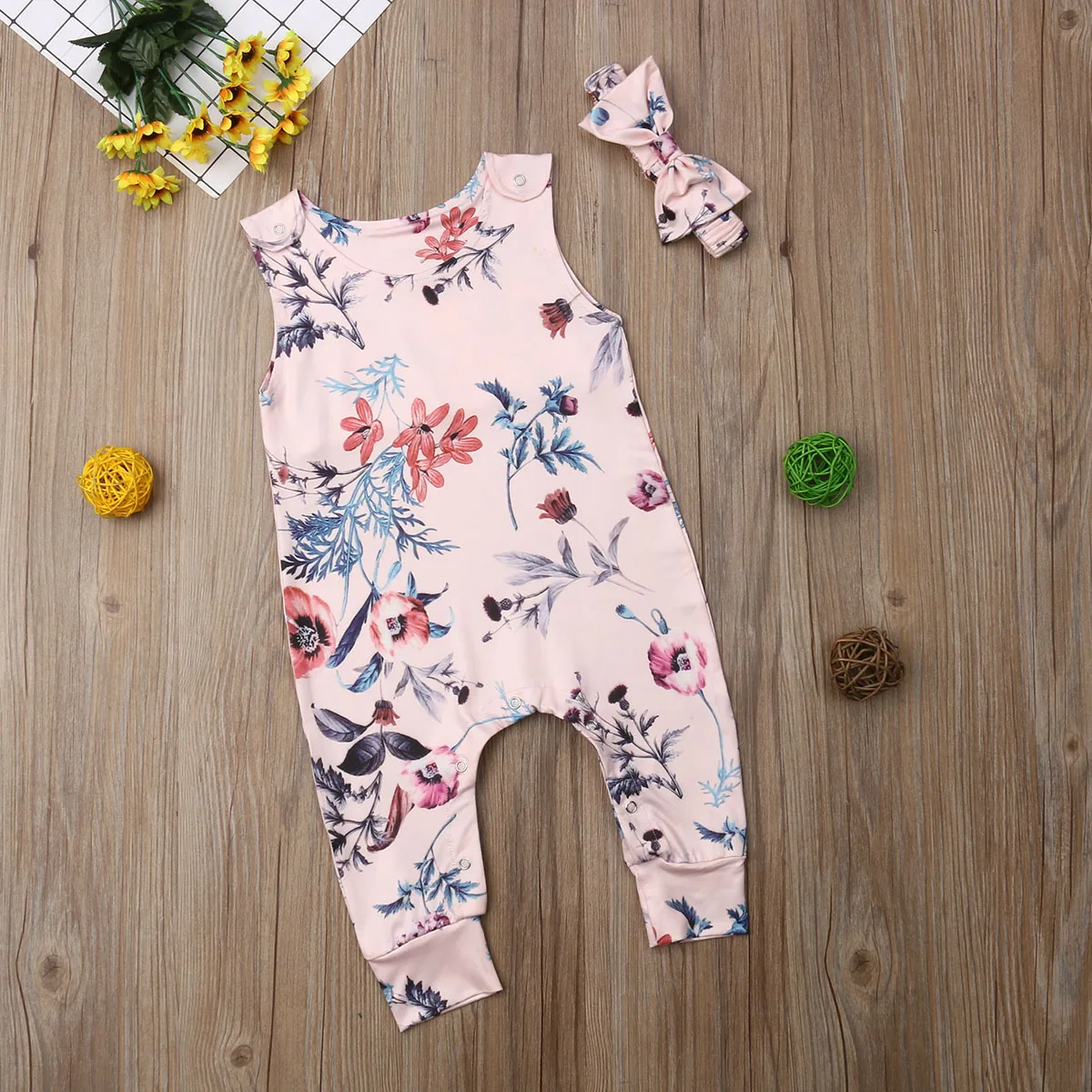 

Summer Toddler Baby Girls Flowers Print Sleeveless Pullover Romper Playsuit with Headband Outfits Set for 0-24M Newborn Baby