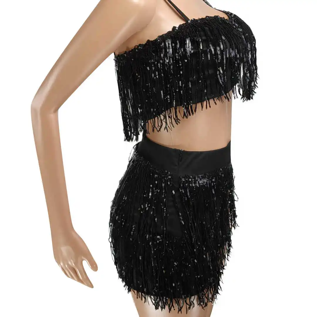 

Sequined Tassel 2 Piece Set Women Festival Clothing Spaghetti Strap Crop Tops and Bodycon Shorts Sets Sexy Party Club Outfits
