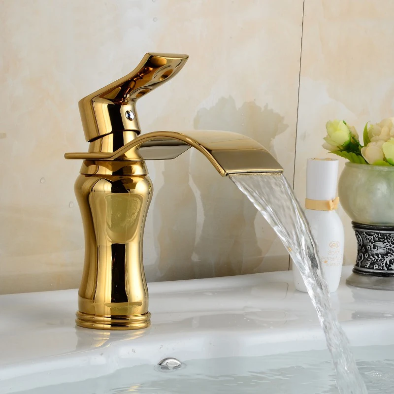 Золотистый смеситель Водопад с одной ручкой античный кухонный для раковины