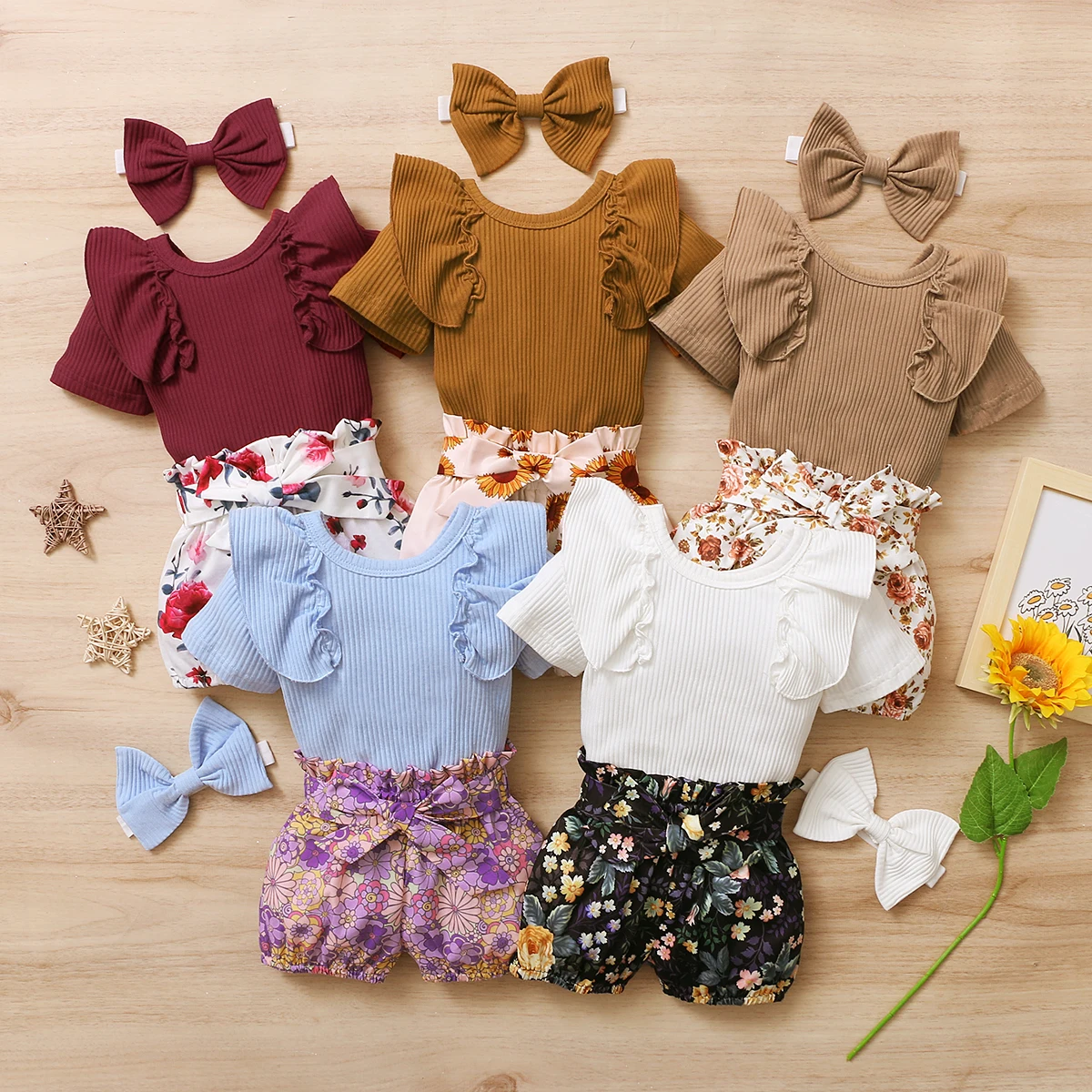 

3Pcs Set Newborn Baby Girls Summer Clothes New Born Ruffle Romper Floral Shorts Bow Headband Toddler Outfit Baby Girls Clothing