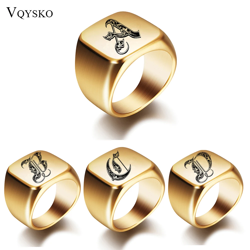 New Mens Rings With Letter Stamp Fashion Gold 18mm Male Stainless Steel Initial Jewelry Wide Ring for Man Party Accessories