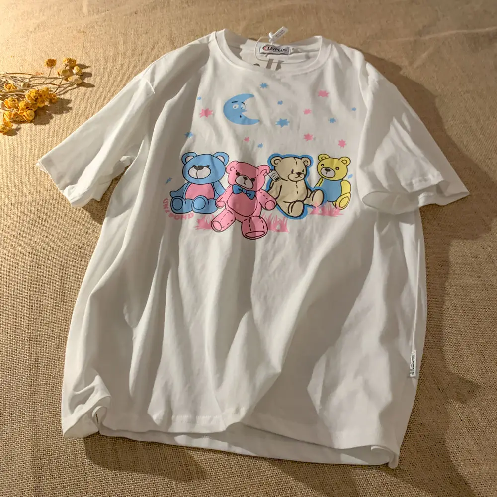 Женская хлопковая футболка с изображением медведя большого размера лето 2021 плюс