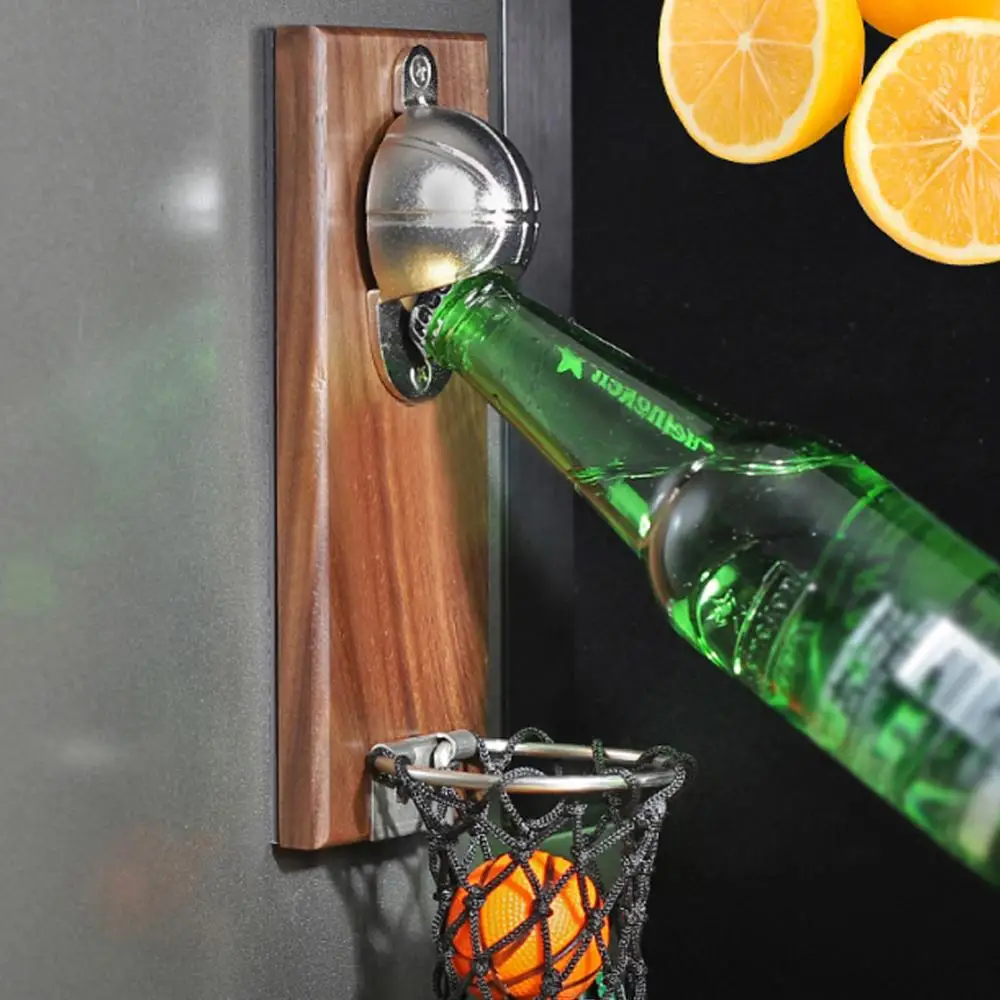 

Wall-Mounted Bottle Opener Shot Beer with Wooden Board Magnetic Refrigerator Can Opener for Any Occasion