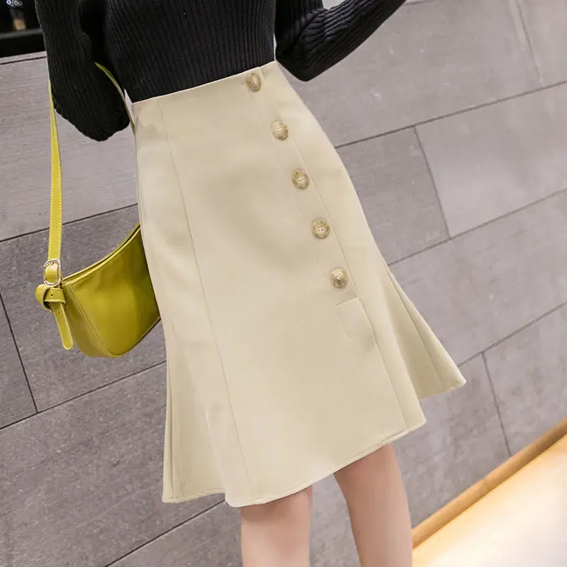 

Женская летняя Юбка-миди с высокой талией, элегантная офисная юбка с оборками, черная, карамель, абрикосовая, модная облегающая юбка-годе, Y366