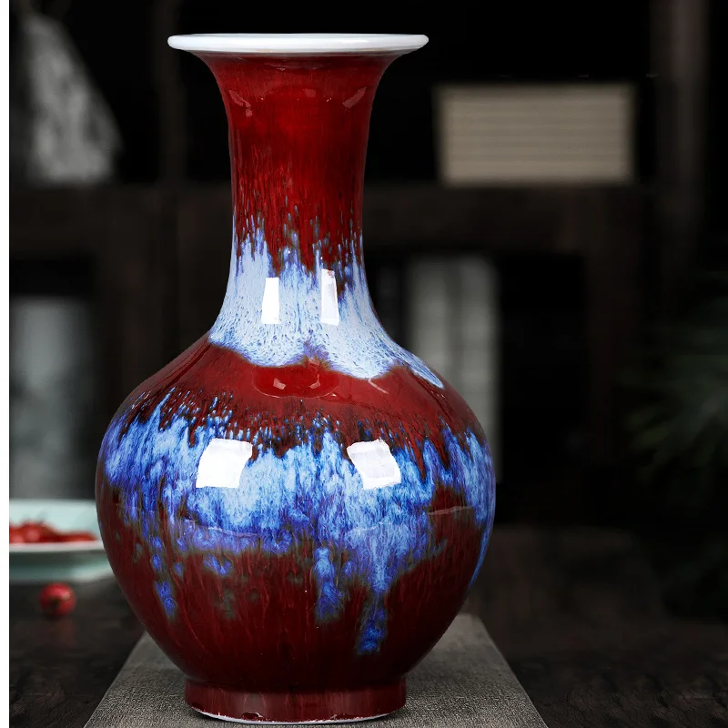 

40CM Jingdezhen Crystal Red Glazed Colorful Flower Vase Chinese antique Cabinet Flower Arrangement for home deco Shangping