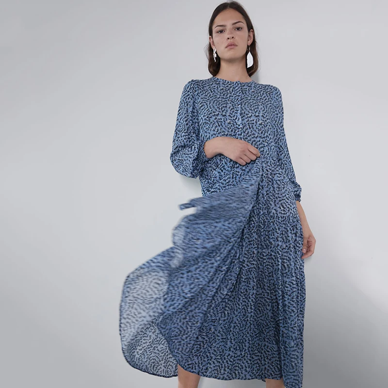 Женское платье с круглым вырезом длинным рукавом и принтом|Женские платья| |