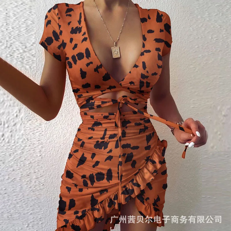 

2021 ladies fashion dress new v-neck hollow tie ruffle dress dresses for women dresses women