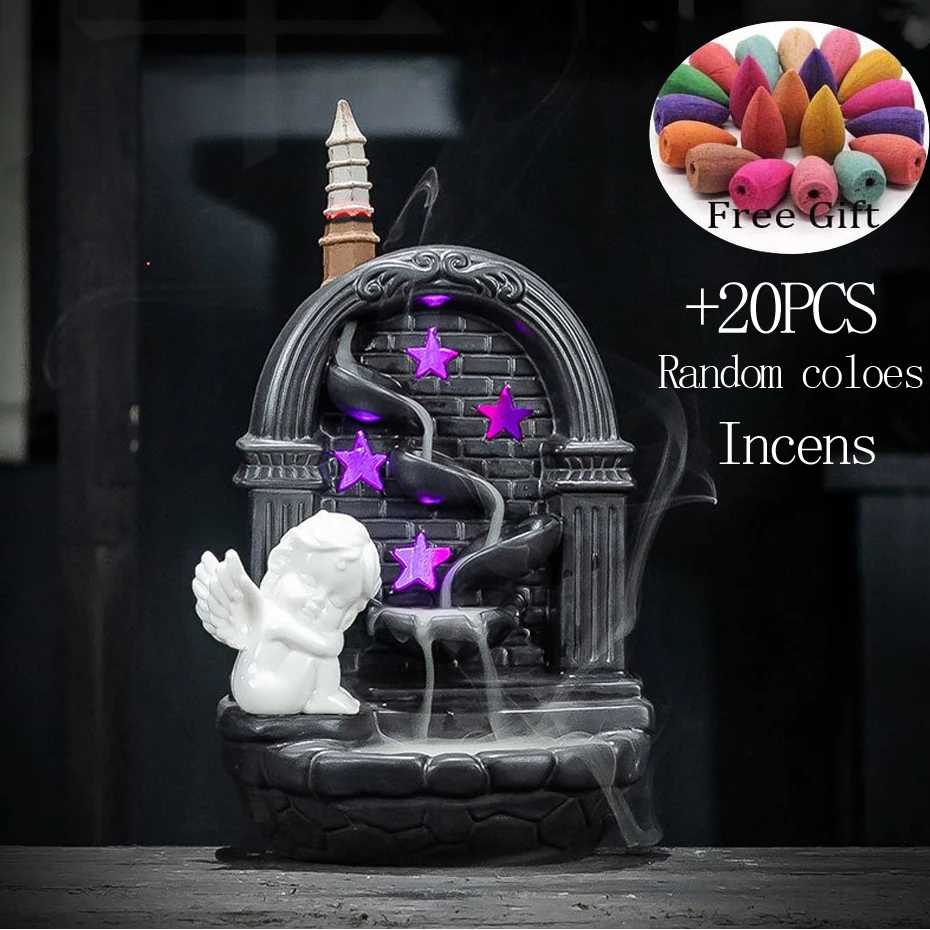 

Angel Backflow Incense Burner Loving Heart Incense Holder Ceramic Home Office Decor Craft Creative Gifts + 20Pcs Incense Cones