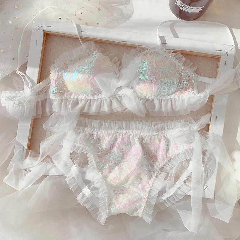 Japanese Girl Heart High-end Luxury Romantic Mermaid Princess Sequins Half Cup No Steel Ring Bra Set Luolita Lace Bow Underwear