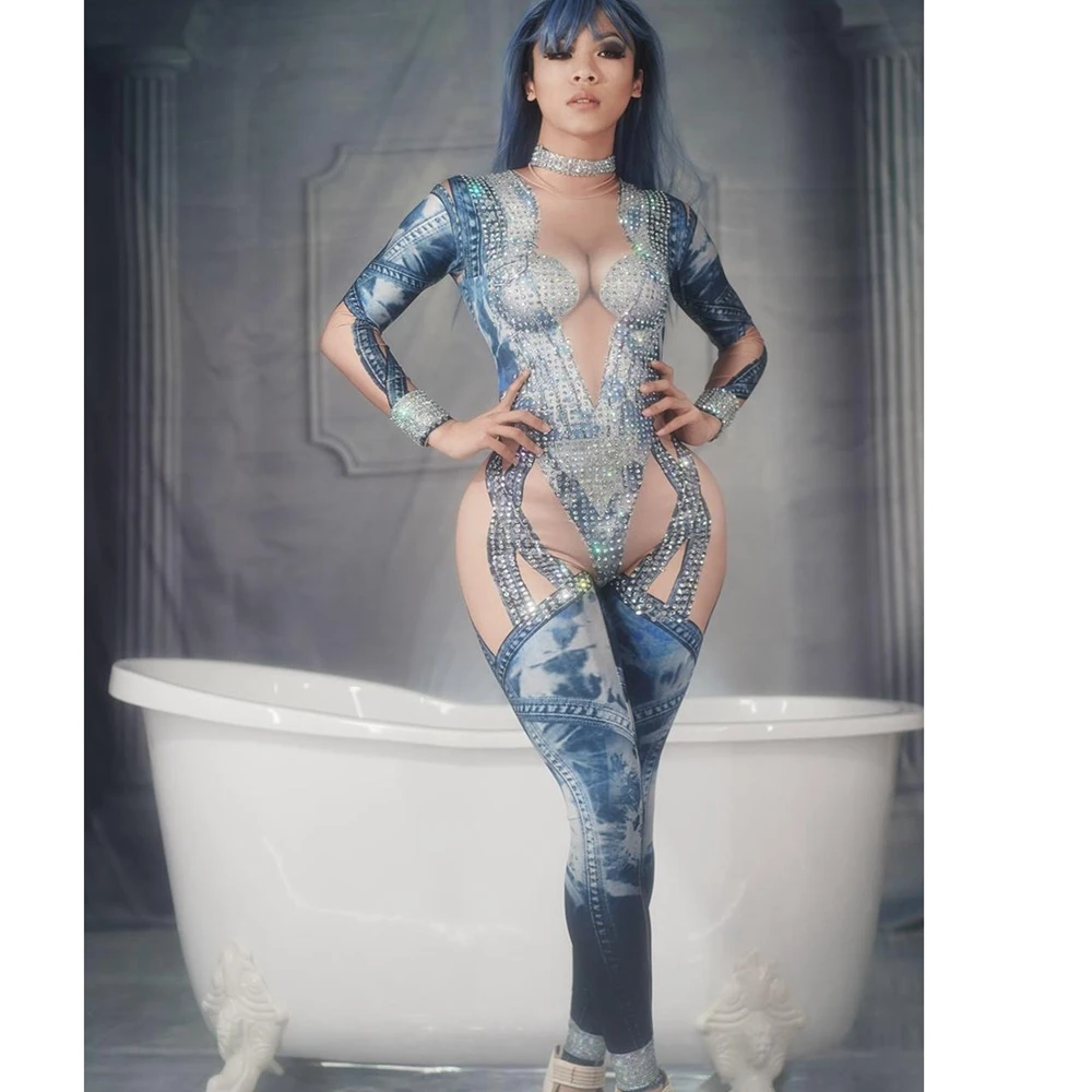 

Женский джинсовый комбинезон со стразами и принтом, пикантный костюм для сцены, танцев, стрейч, одежда для ночного клуба