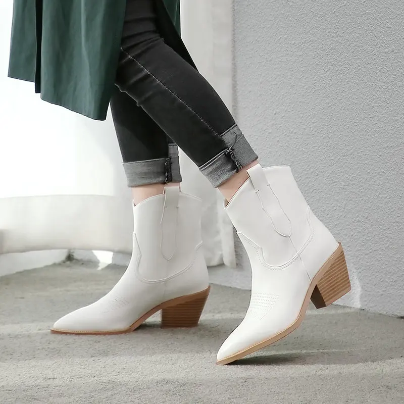 Женские ковбойские ботинки из искусственной кожи на танкетке с острым