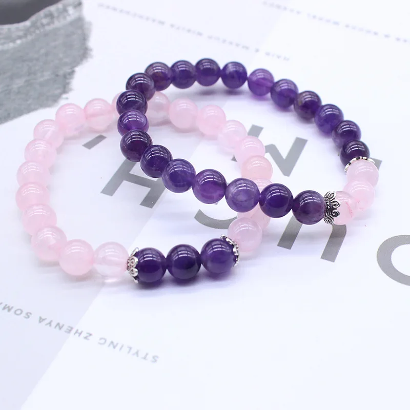 8mm Natural Stone Pink Crystal Quartz Bracelet Purple Amethysts Beads Lotus Strand Buddha for Women Girl Love Gifts | Украшения и