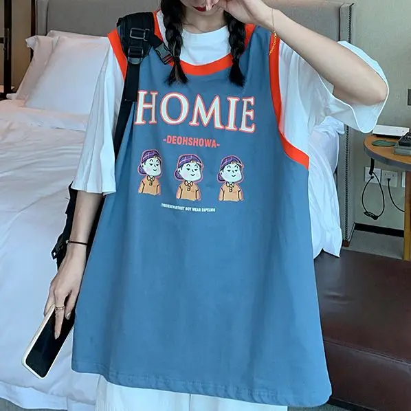 

Harajuku BF Fake Two-Piece Women'S Top T-Shirt Summer Casual Sports Basketball Clothing Short-Sleeved Women'S Loose T-Shirt Tide