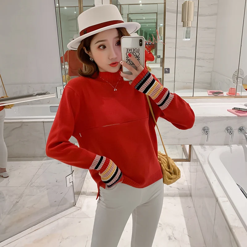 Осенний модный Свободный послеродовой женский свитер для лактации трикотажная