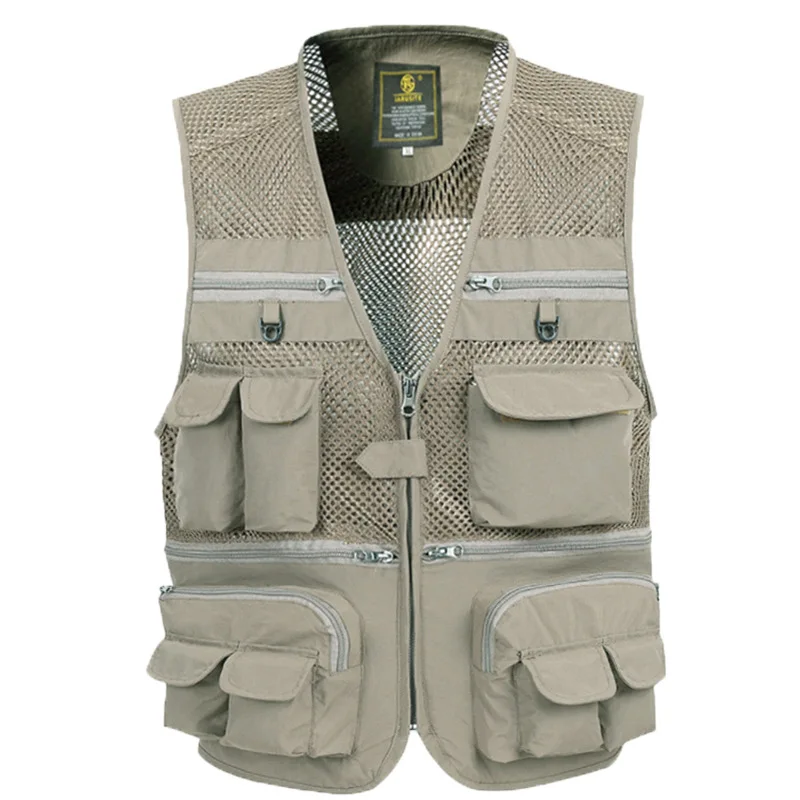 Light Khaki Тактический жилет, пальто, модный мужской летний жилет для фотографа, сетчатый Рабочий жилет без рукавов, инструмент, много карманных жилетов, плюс размер 5XL - Цвет: Light Khaki