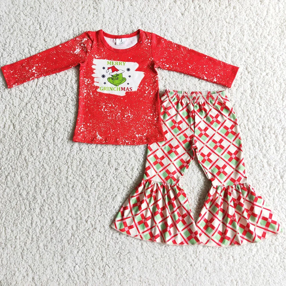 

Hot Sale Long Sleeve Outfit For Children Merry Christmas Baby Girls Red Top Match Flare Pants Suit With O-Neck