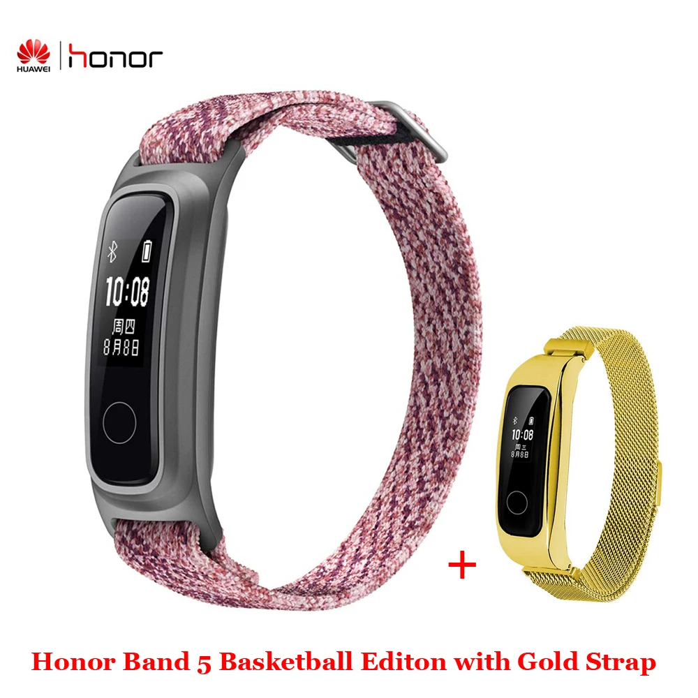 Huawei Honor Band 5 Баскетбол издание ж/металлический ремешок, умный браслет часы AMOLED сердечного ритма фитнес-трекер сна Спорт - Цвет: Pink n Gold