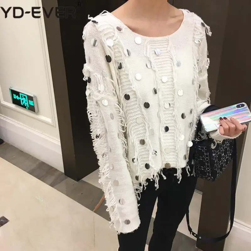 Женский пуловер с бахромой черный белый длинный джемпер оверсайз металлическими