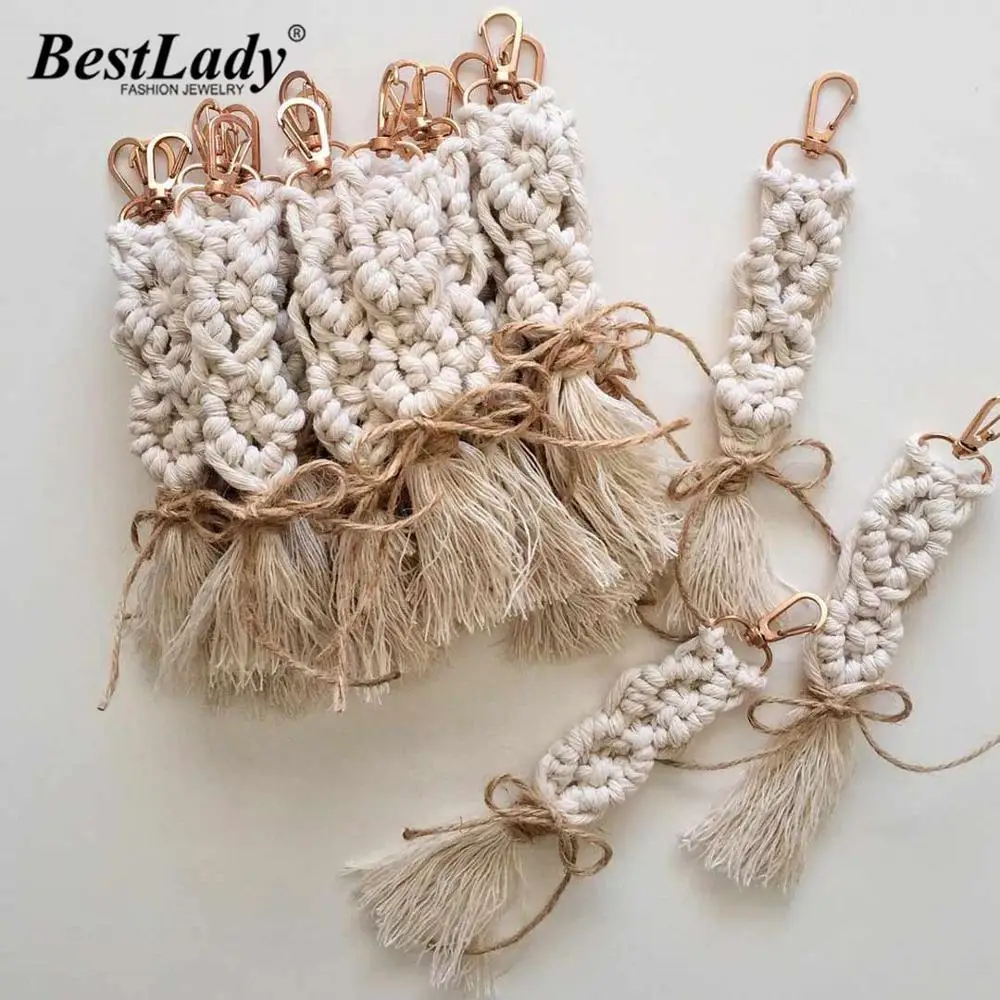Брелок для ключей женский в стиле макраме модный белый хлопковый бохо ручной