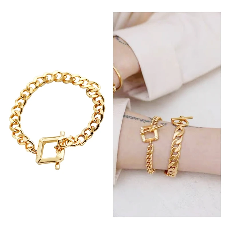 

Brass With 18K Gold Square Charms Toggle Chains Bangles Designer T Show Runway Gown Jewelry Rare INS Japan Korean
