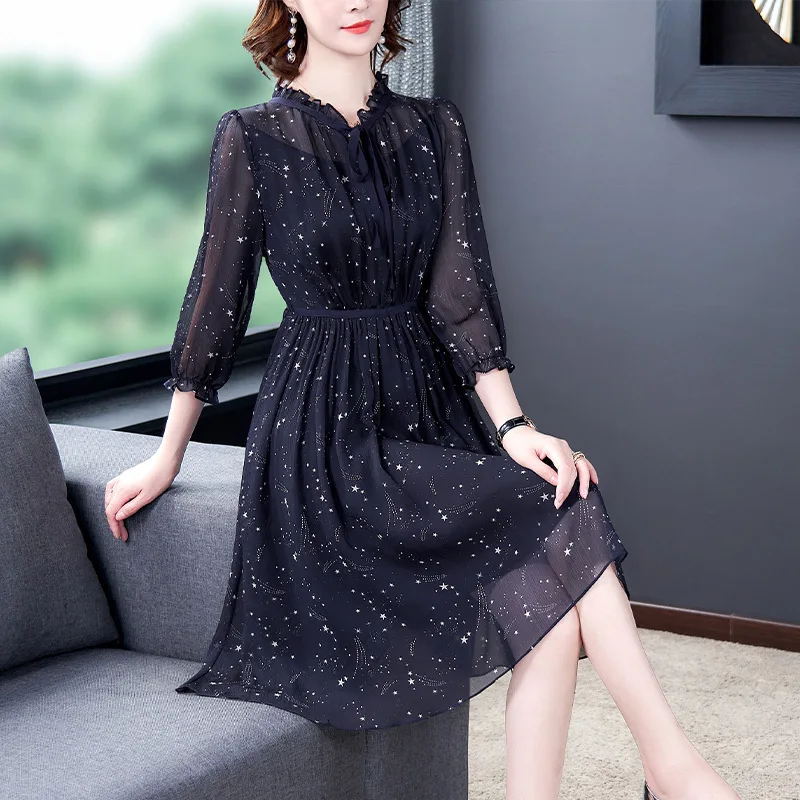 

Seven star floral dress dress new spring and summer 2021 sleeve temperament show thin chiffon