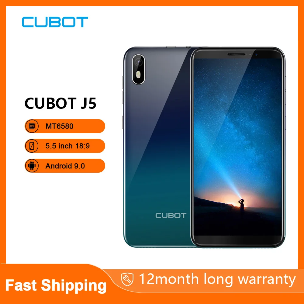 Смартфон Cubot J5, Android 9,0, телефон, 5,5 дюймов, 18:9, полный экран, MT6580, четыре ядра, 2 Гб ram, 16 ГБ rom, телефон, две sim-карты, 2800 мАч, 3G