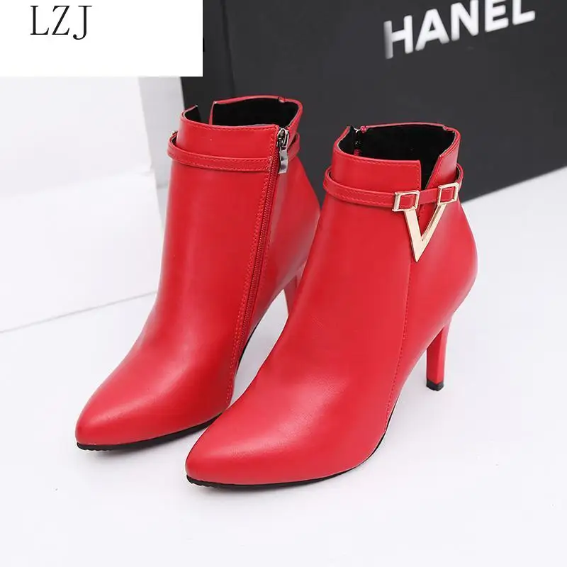 

2019 Spring Autumn Stiletto Thin High Heels Pointed Toe Faux Leather Zipper Style Sexy Ankle Womens Boots Bota Feminina