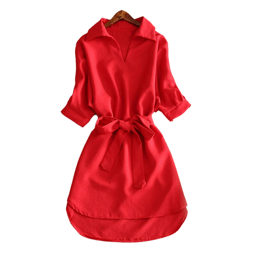 

Plus size Fashion Women Solid Color V Neck Half Sleeve Belt Office Long Shirt Mini Dress 2020 Belt Office Long Shirt Mini Dress