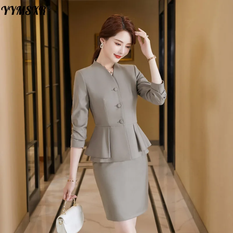 High Quality Women's Skirt Suit Two-piece Autumn and Winter Slim Solid Color Long-sleeved Ladies Office Professional Wear Women