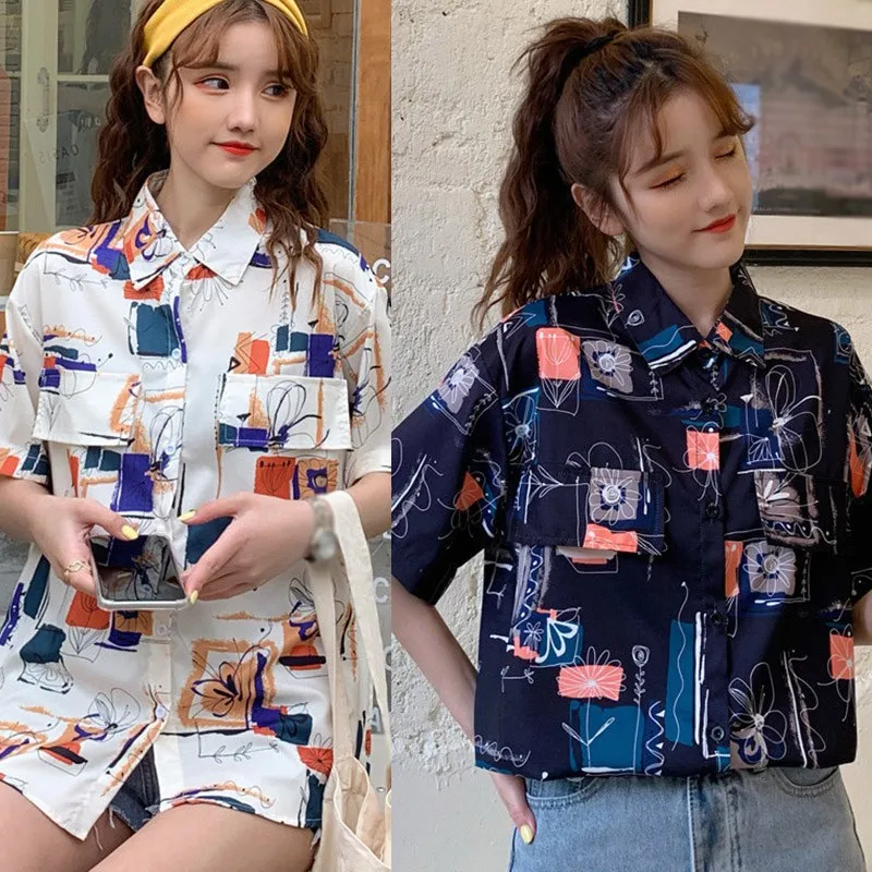 

Geometric Print Retro Blouse Beach Style Short Sleeve Women Blouses Tops Girls Button Turn-down Collar Casual Top