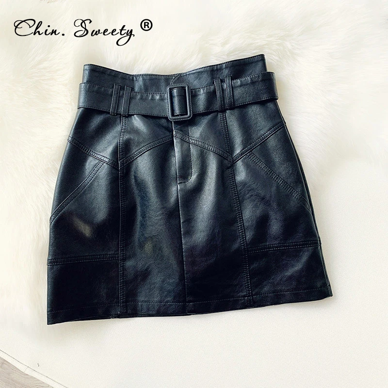 Женская мини юбка с поясом короткая трапециевидная из искусственной кожи