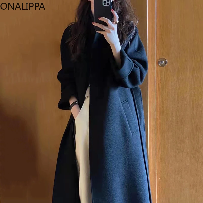 

Женское пальто Onalippa сезона осень-зима 2021 года, темпераментные длинные шерстяные куртки выше колена с высоким воротником, двумя карманами и ...