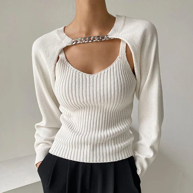 

Korea V-neck Pit Strip Slim Bottomed Knitted Vest + Chain Decorative Long Sleeve Sweater Shawl Blouse Female 2021 N162