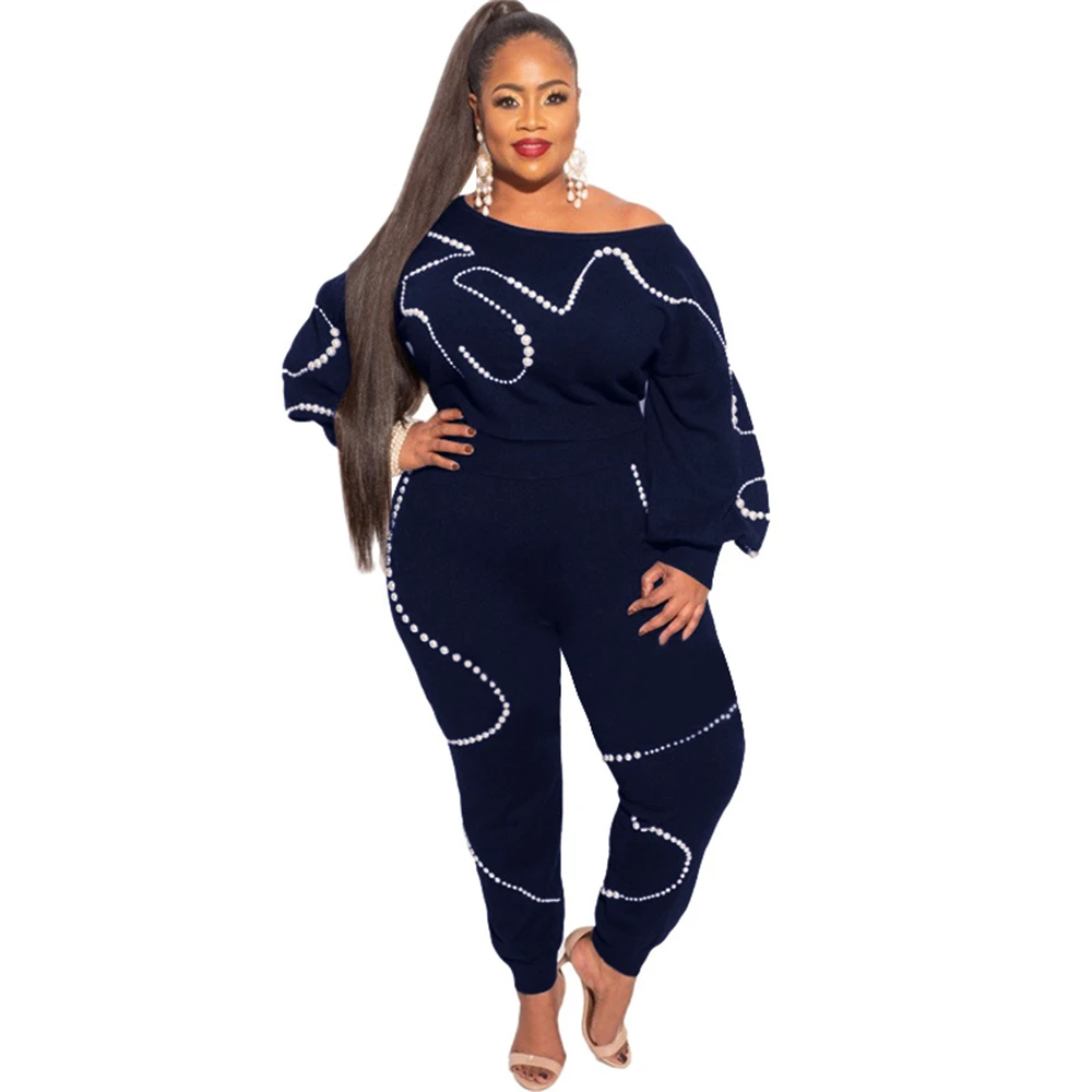 

2 Piece Sets Womens Outfits Long Sleeve Crop Top Femme Knitted Set with Pearls Plus Size Sweat Suits Beading Loose Big Size Sets