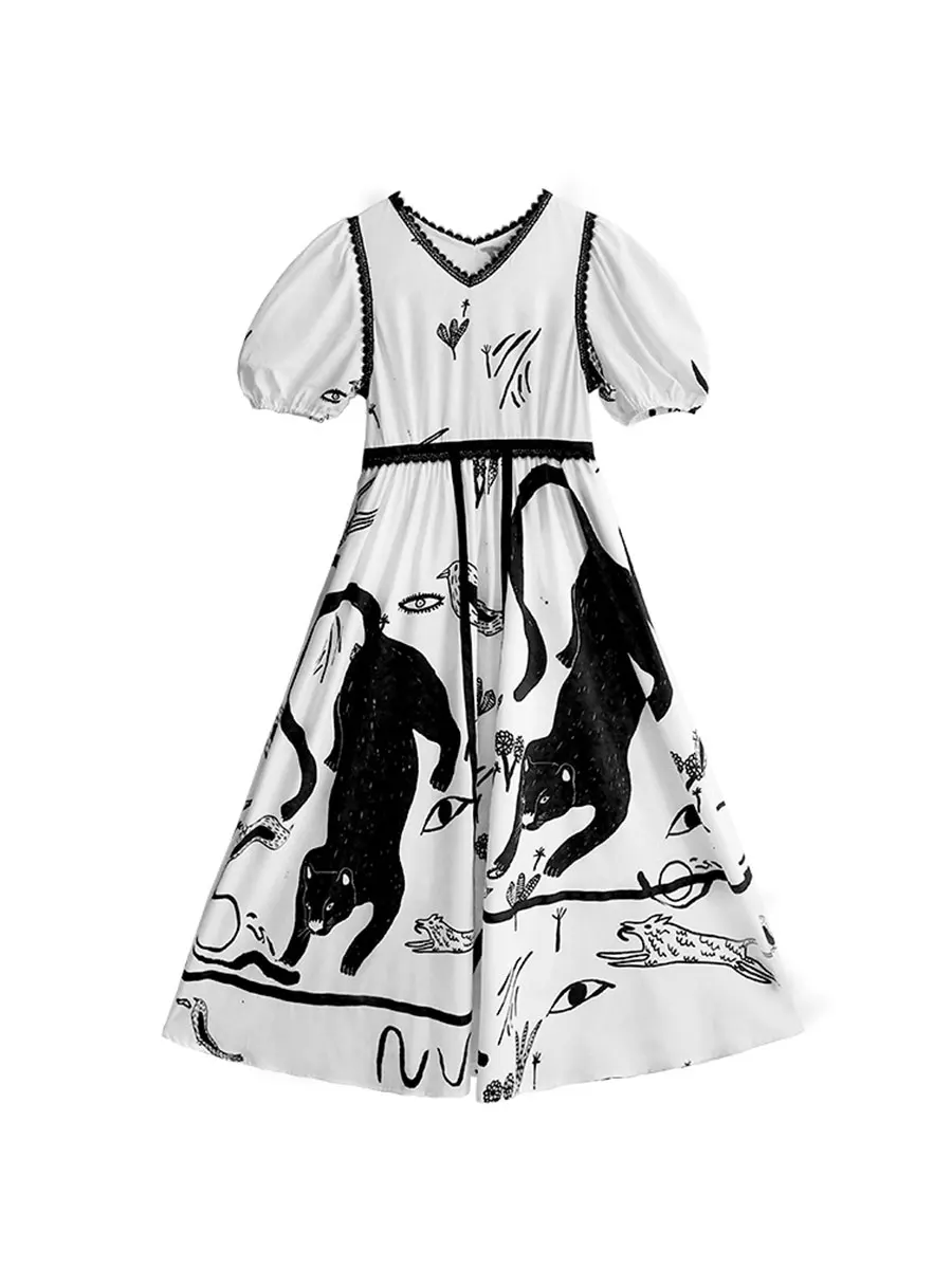 

LYNETTE'S CHINOISERIE Summer Original Design Women All-match Cool Hand Painting Leopards Print Lace Hemming Puff Sleeves Dresses