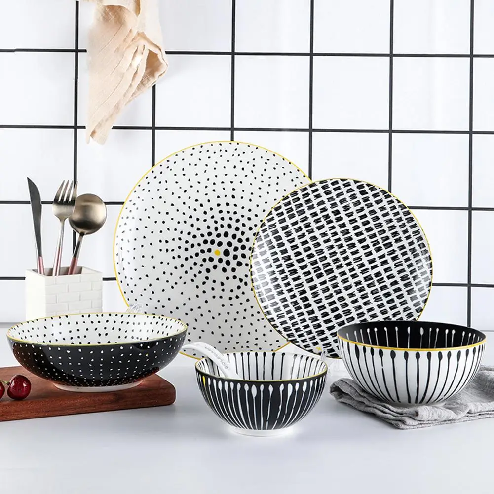 GloryStar 6 шт./компл. керамическая миска в черный горошек золотого цвета + тарелка