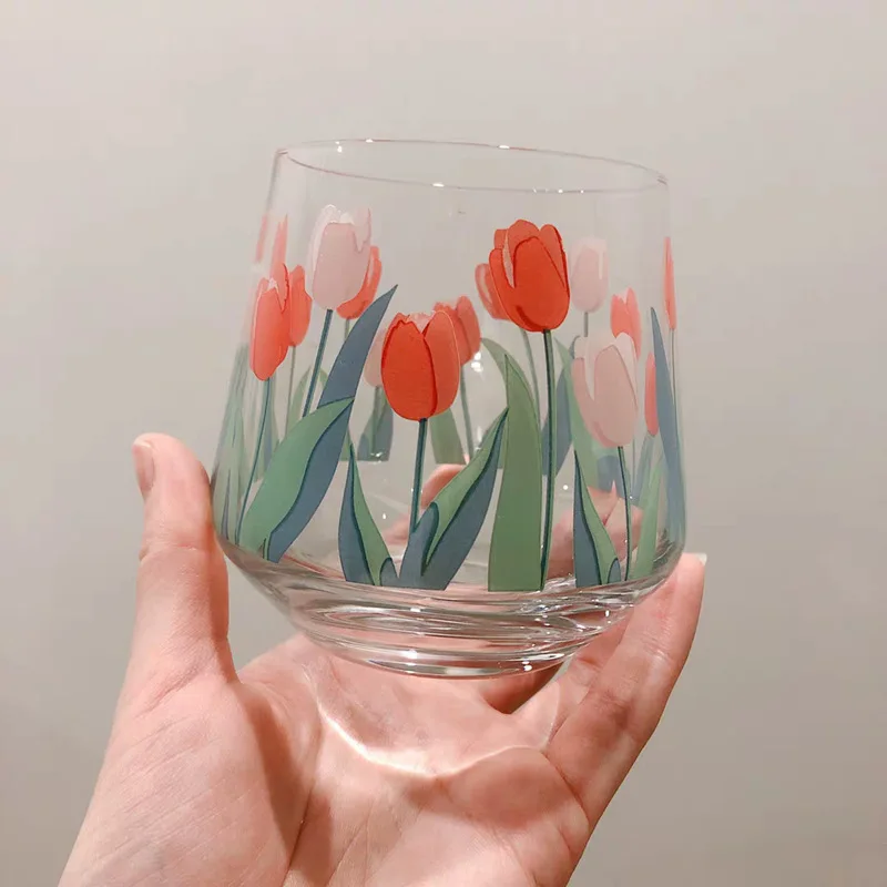 

Simple Flower Glass Cup Drink Juice Drinking Dessert Cups Coffee Wine Glass Mug Glasses Glass Cup Tazas Kitchen Accessories