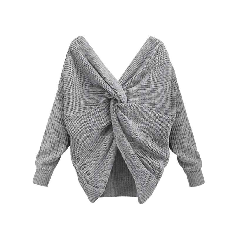 Популярный Женский Повседневный свитер с v-образным вырезом сзади женские