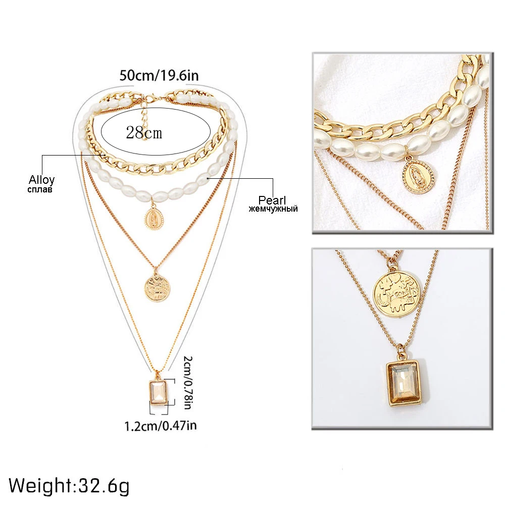 

Multi Layered Pearl Choker Necklace Collar Statement Virgin Mary Coin Crystal Pendant Necklace Women Jewelry