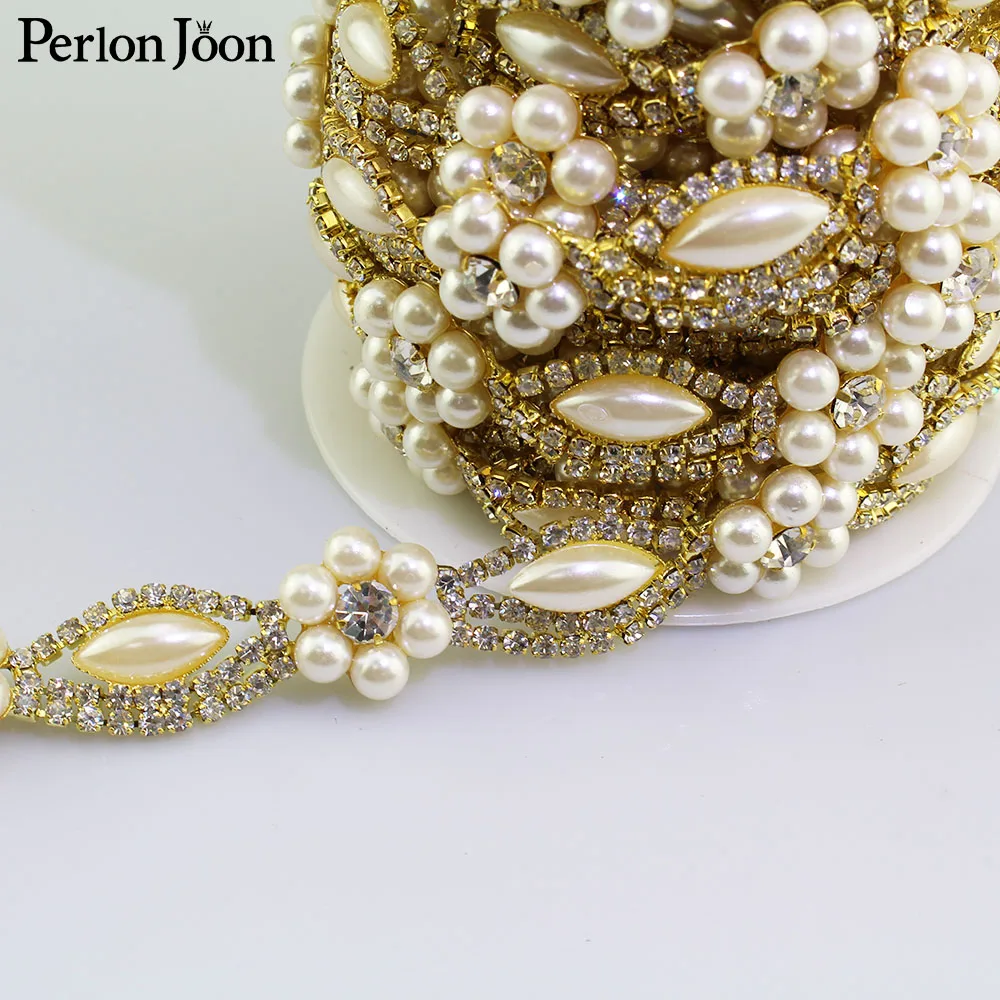 1 ярд жемчужные стразы с цветочной отделкой золотые серебряные плоские оборота